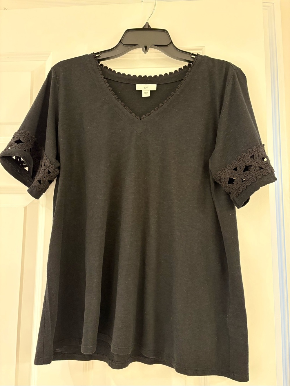 J. Jill Black V-Neck Short Sleeve Tee with Crochet Trim